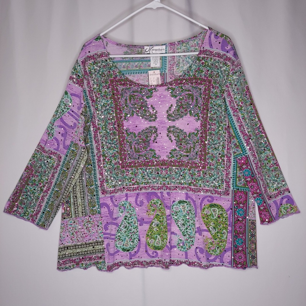 Dressbarn Top Womens 3X Multicolor Stretch Floral Sequin 3/4 Scoop Neck Vtg 90s